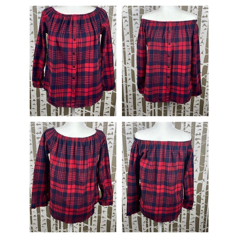 Unbranded Red & Navy Soft Convertible Button Front Flannel Shirt sz L